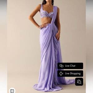 Purple Pre Pleated Saree with Pearl Embroidered Blouse US0